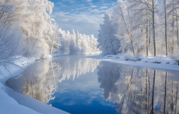 Winter, frost, forest, clouds, snow, trees, lake, reflection
