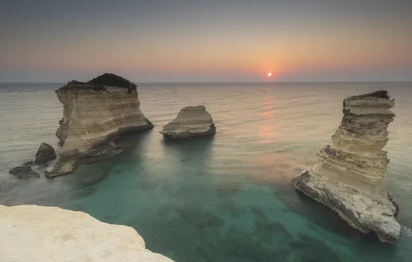 Sea, the sky, the sun, stones, rocks, dawn, shore, morning