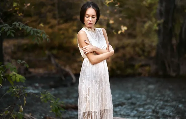 Girl, pose, hands, dress, brunette, nature, Alina, Nikolay Novikov