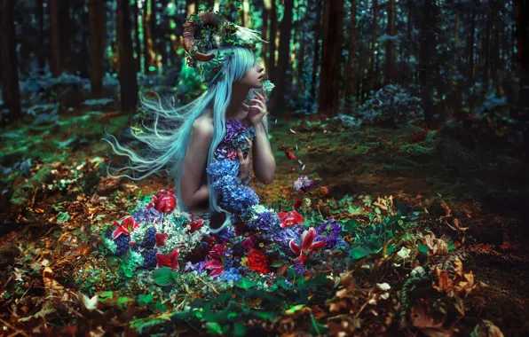 Forest, girl, flowers, Kindra Nikole, Of Withering Abundance