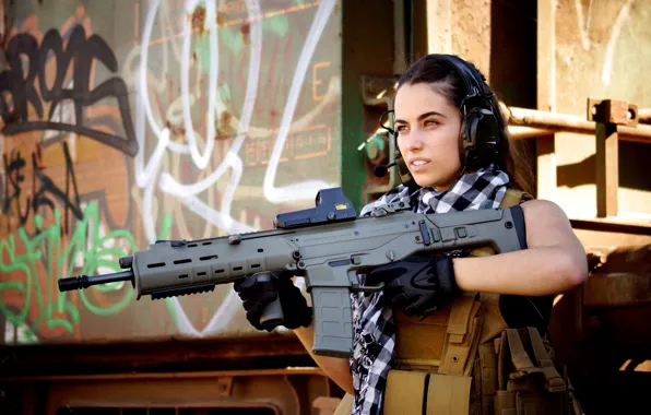 Girl, weapons, background, blur, soldiers, equipment, uniform