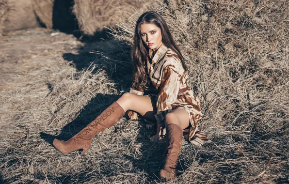 Picture look, girl, pose, feet, boots, hay, Anton Kharisov, Maria Bashmakov