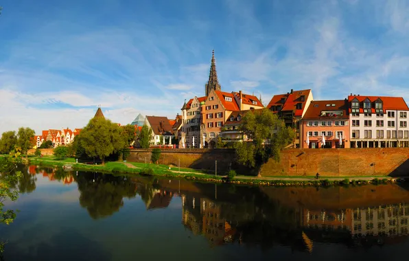 The sky, water, reflection, river, home, Germany, promenade, Ulm