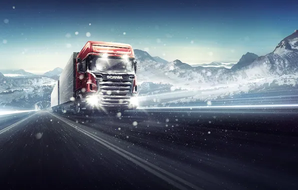 Picture winter, road, snow, cabin, car, Blizzard, body, scania