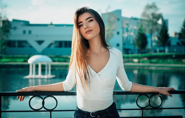 Chest, look, water, girl, pose, hair, building, hands