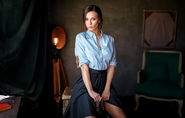 Look, girl, model, brown hair, sitting, cute, Nika, George Chernyadev