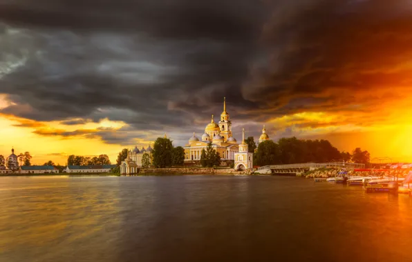 Picture the storm, landscape, clouds, lake, temple, the monastery, Seliger, Nilova Pustyn