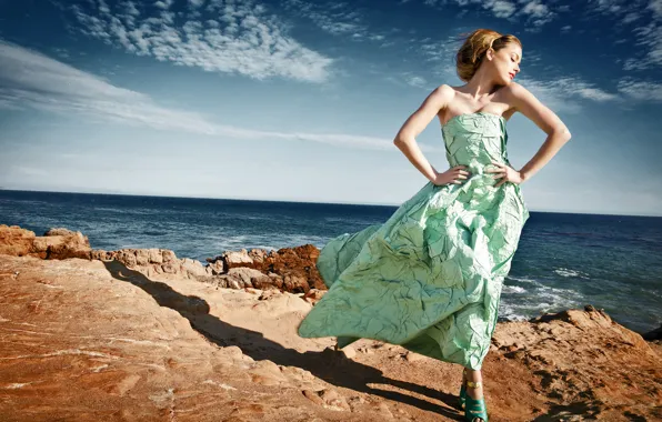 Picture sea, the sun, landscape, pose, shore, model, dress, actress