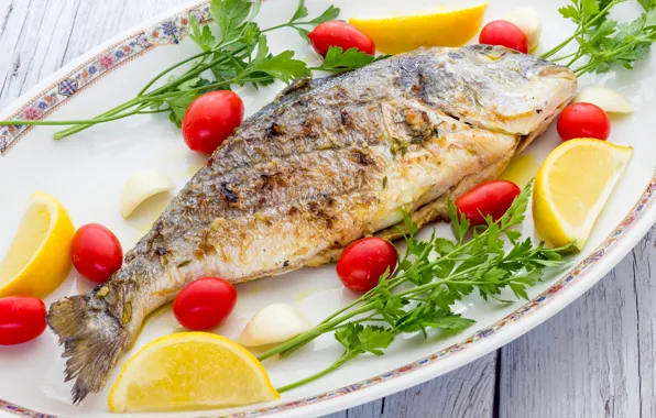 Greens, lemon, fish, plate, vegetables, tomatoes, fish, tomatoes