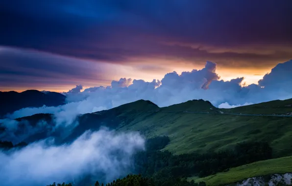 Road, forest, summer, the sky, clouds, light, landscape, sunset