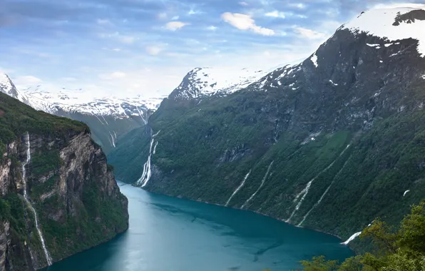 Picture forest, snow, landscape, mountains, nature, river, tops