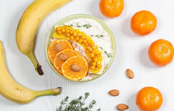 Bananas, fruit, nuts, tangerines, muesli