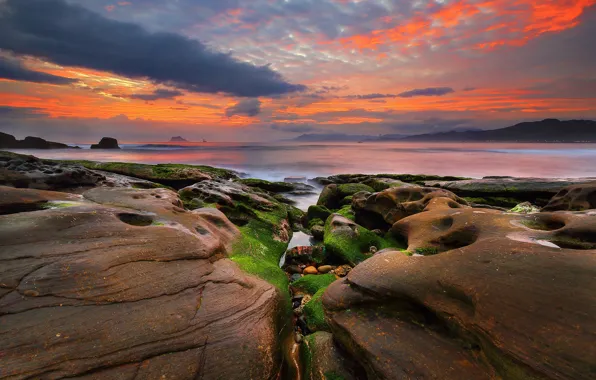 Sea, sunset, rocks, coast
