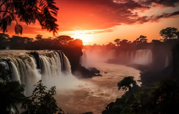 Landscape, sunset, waterfall, landscape, sunset, waterfall