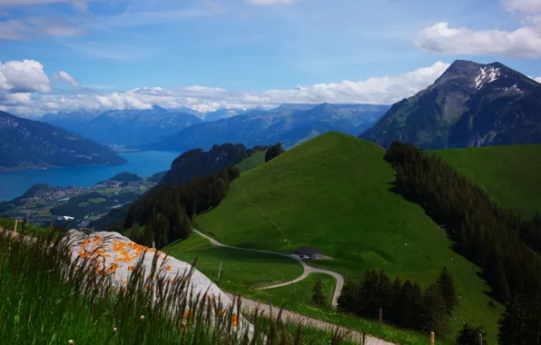 Road, clouds, landscape, mountains, nature, lake, Switzerland, Alps