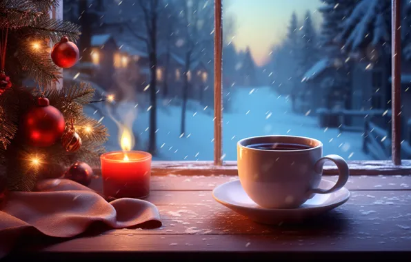 Winter, snow, snowflakes, night, tree, candle, New Year, window