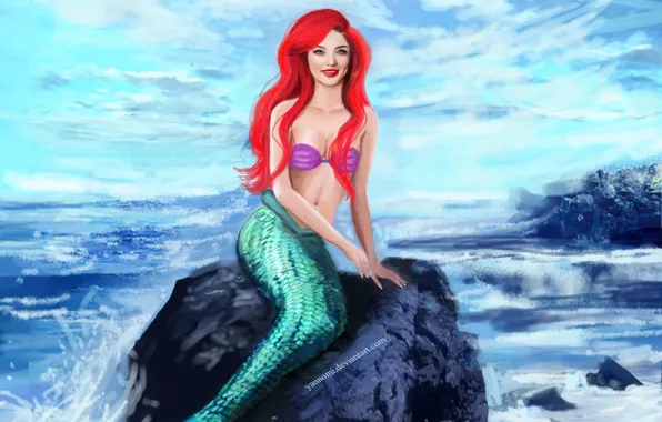 Picture sea, look, smile, mermaid, scales, art, tail, sitting