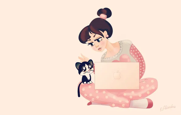 Cat, girl, figure, vector, art, laptop