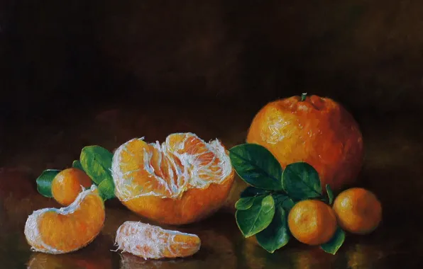 Picture, art, painting, painting, tangerines, table.