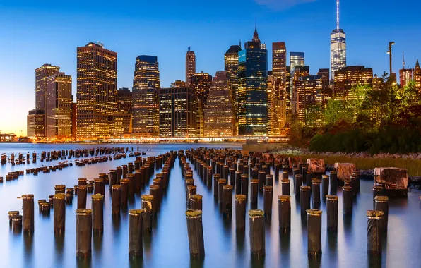 Picture the city, lights, river, shore, building, New York, skyscrapers, the evening