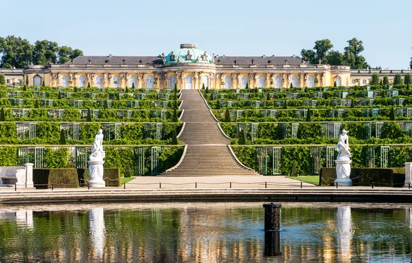 Picture greens, design, Germany, ladder, stage, fountain, the bushes, Palace