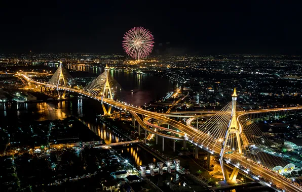 Night, bridge, lights, river, home, salute, Thailand, Bangkok