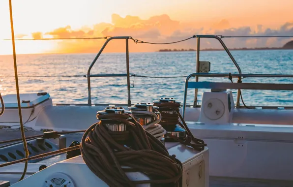 Sea, the ocean, the evening, yacht, deck, French Polynesia, rigging