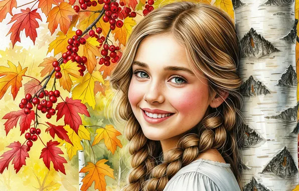 Autumn, look, girl, pose, smile, berries, tree, foliage