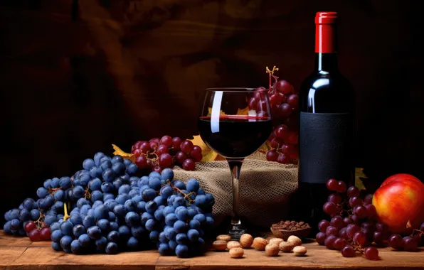 Picture table, wine, glass, bottle, grapes, still life, AI art, neural network