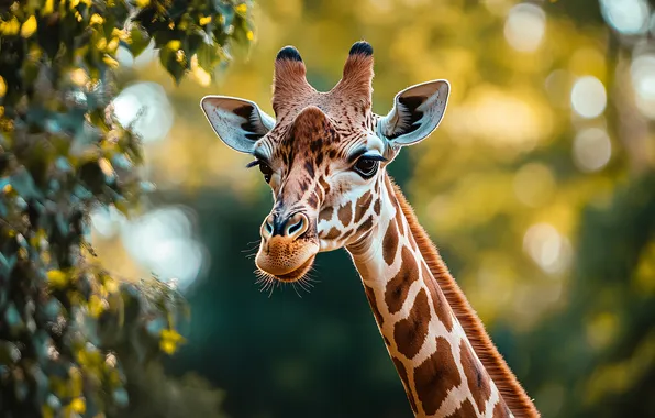 Look, face, light, branches, nature, portrait, giraffe, neck