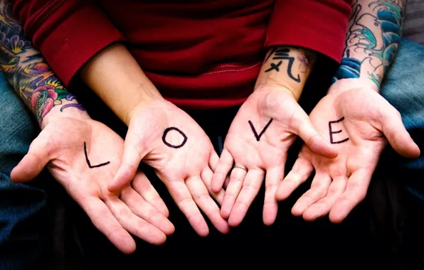 Love, the inscription, hands, pair, love, relationship, tattoo, palm