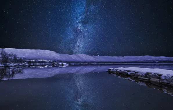 Picture winter, the sky, stars, night, river, the milky way
