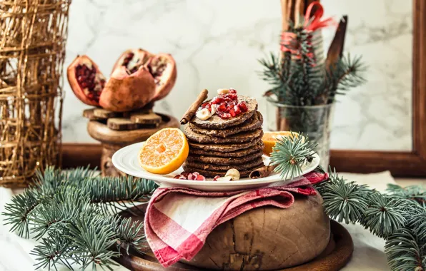 Picture orange, garnet, pancakes, fir-tree branches