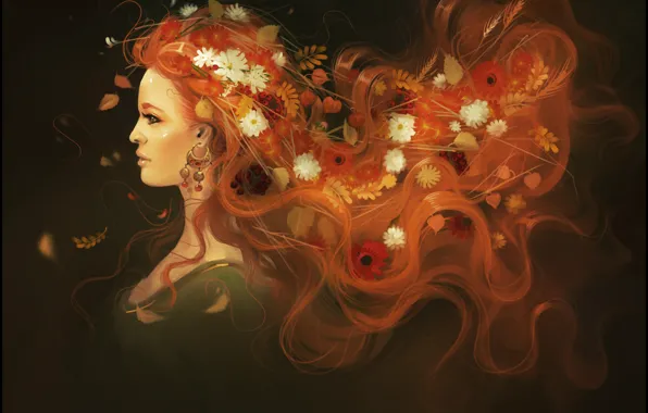 Autumn, girl, flowers, hair, beauty, art, red