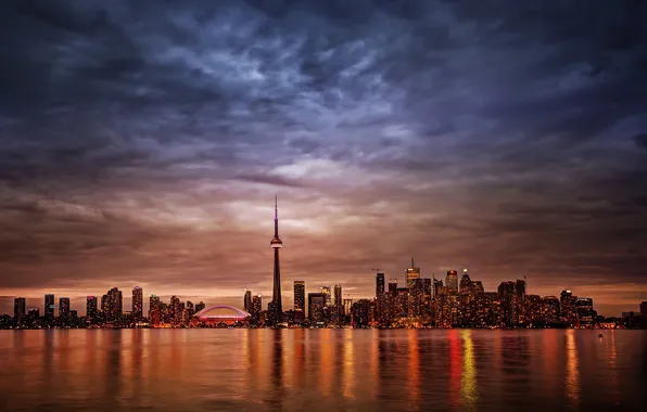 Picture the sky, clouds, lights, lake, tower, home, the evening, Canada