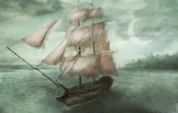 Sea, the sky, clouds, the moon, ship, art, sails, painting