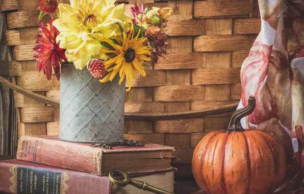 Flowers, books, bouquet, texture, key, pumpkin