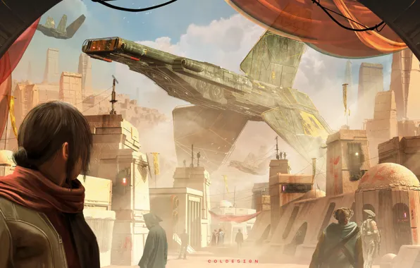 Girl, The city, People, Fantasy, Art, Art, Spaceship, Fiction