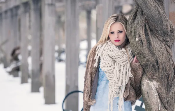 Picture winter, girl, trees, makeup, scarf, coat