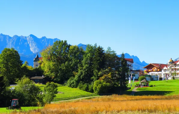 Picture Mountains, Trees, Germany, Bayern, Landscape, The hotel, Kaiser, Golf course