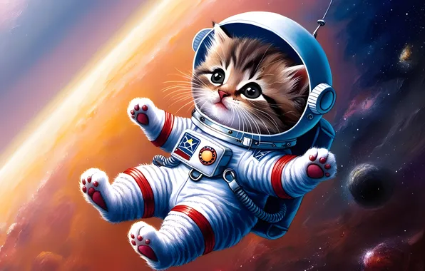 Cat, look, space, flight, pose, kitty, planet, astronaut