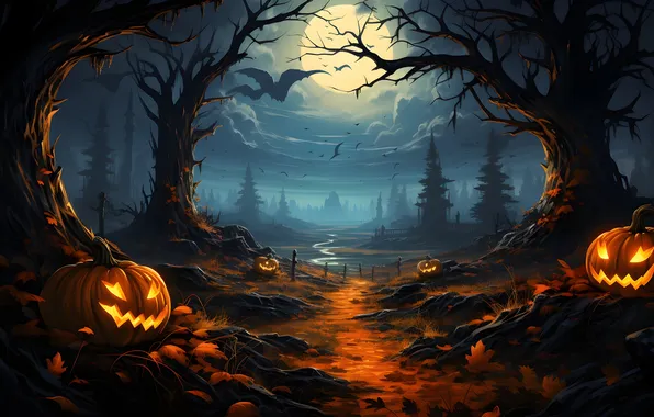 Road, Night, Trees, The moon, Clouds, Pumpkin, Halloween, Halloween