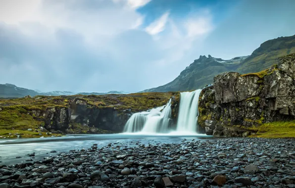 Mountains, waterfall, Iceland, Iceland, Kirkjufellsfoss, Grundarfjordur, Grundarfjordur