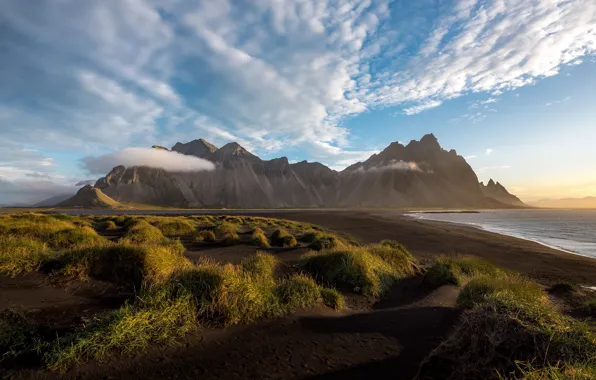 Sea, the sky, grass, clouds, mountains, rocks, shore, Iceland