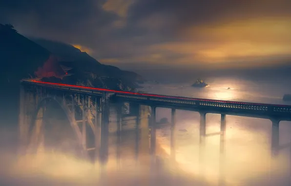 Night, bridge, fog, railroad