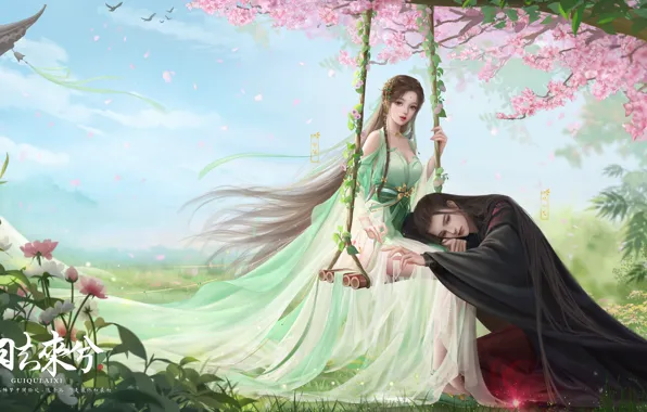 Picture blue sky, Jade dynasty, on the swings, flowering in the spring, the guy with the …