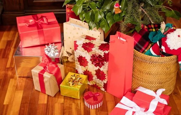 Leaves, branches, room, basket, toy, flooring, Christmas, gifts