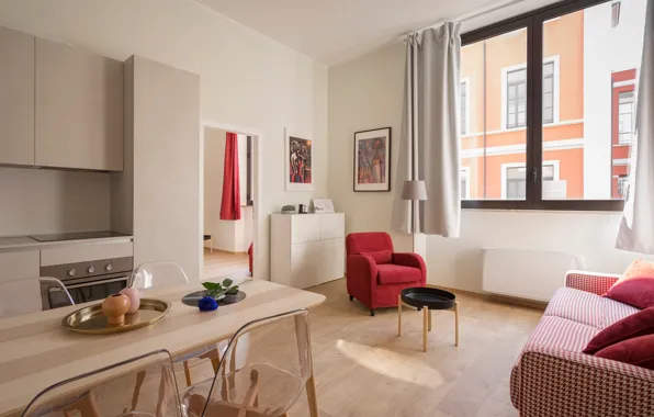 Table, room, sofa, chairs, chair, window, pictures, curtains