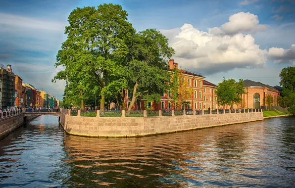 The sky, the sun, clouds, trees, bridge, river, home, Saint Petersburg