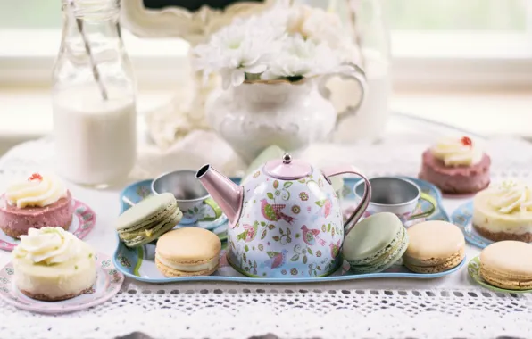 Milk, cake, dessert, sweet, macaron